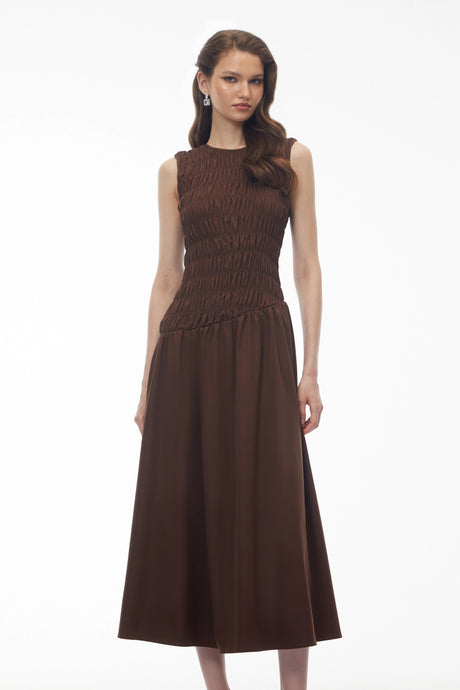 Lillian Midi Dress Chocolate Brown Asymmetrical Ruched