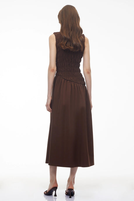 Lillian Midi Dress Chocolate Brown Asymmetrical Ruched