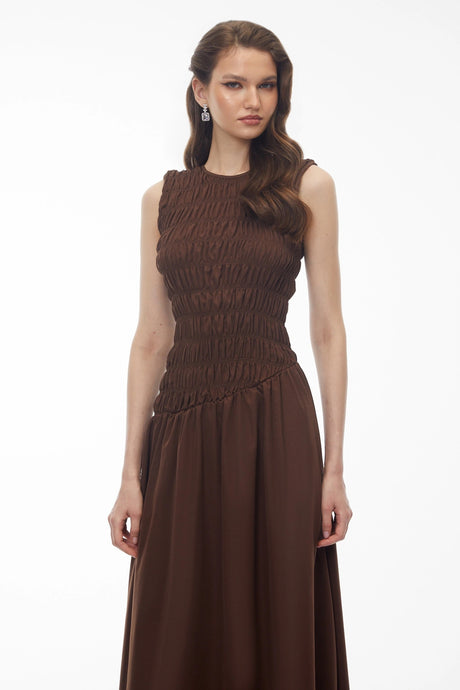 Lillian Midi Dress Chocolate Brown Asymmetrical Ruched