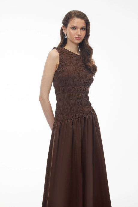 Lillian Midi Dress Chocolate Brown Asymmetrical Ruched