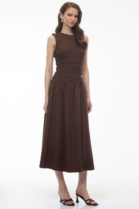 Lillian Midi Dress Chocolate Brown Asymmetrical Ruched