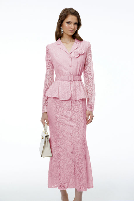 Mariuccia Maxi Dress Pink Lace with 3D Florals