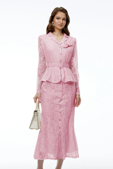 Mariuccia Maxi Dress Pink Lace with 3D Florals
