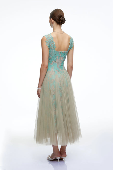 Antonietta Midi Dress Mint Green Lace Mesh Tulle