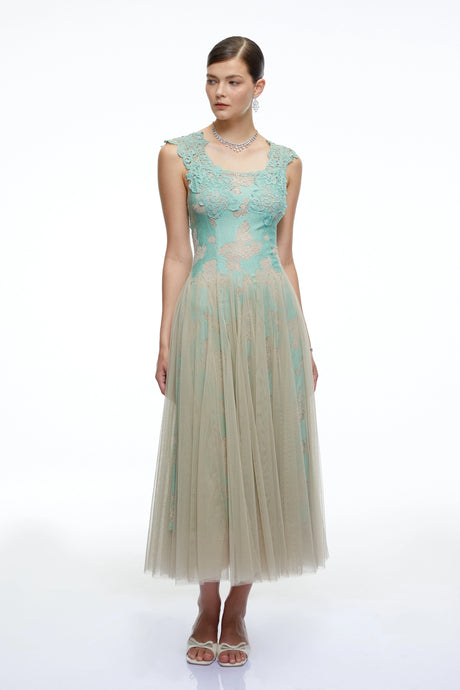 Antonietta Midi Dress Mint Green Lace Mesh Tulle