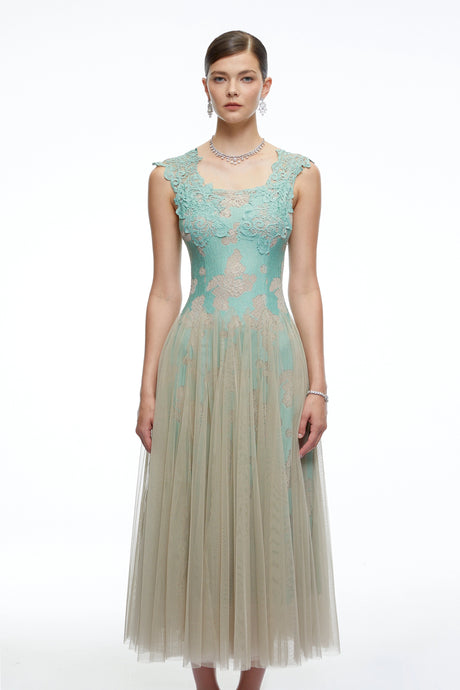 Antonietta Midi Dress Mint Green Lace Mesh Tulle