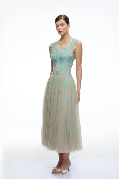 Antonietta Midi Dress Mint Green Lace Mesh Tulle