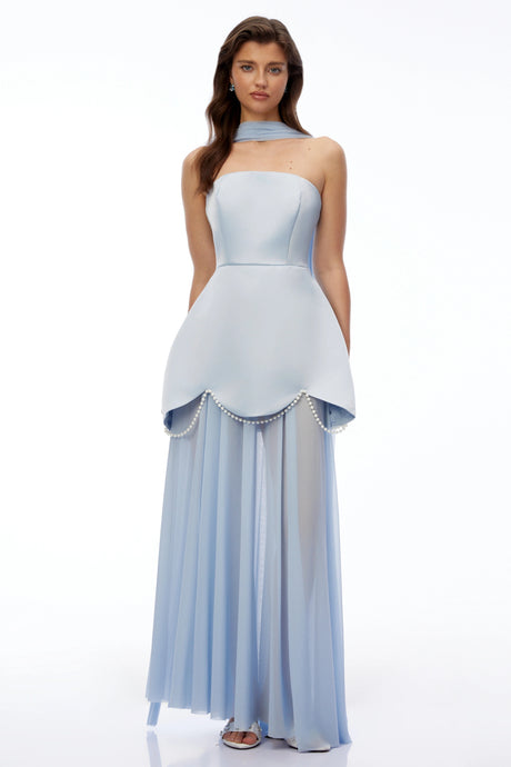 Cinzietta Maxi Dress Light Blue Strapless with Scallop Trim