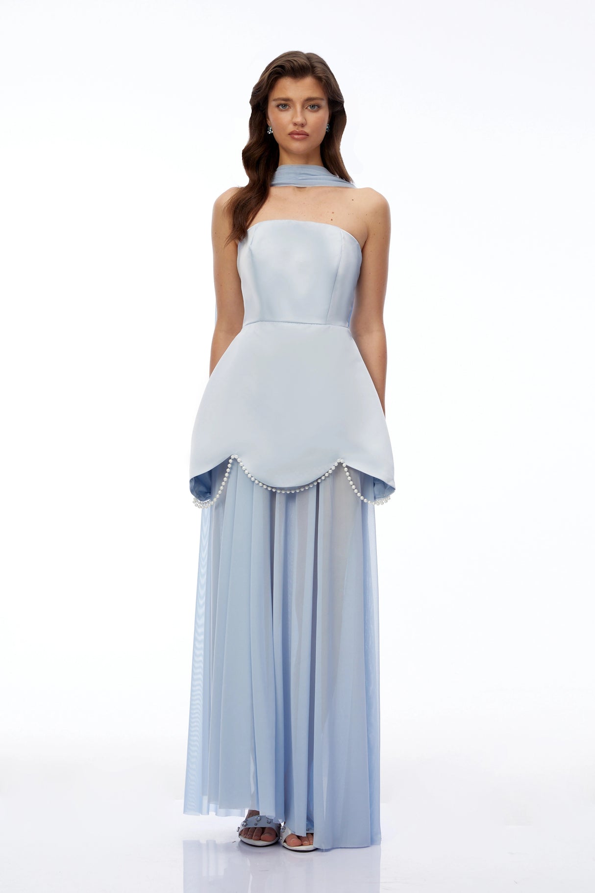 Iphigenia Light Blue Strapless Maxi Dress with Scallop Trim