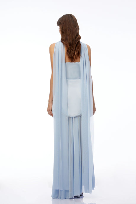 Cinzietta Maxi Dress Light Blue Strapless with Scallop Trim