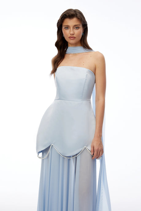 Cinzietta Maxi Dress Light Blue Strapless with Scallop Trim
