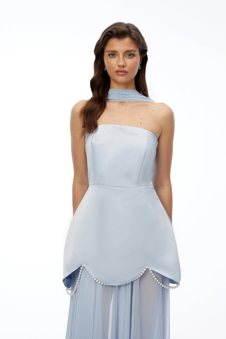 Cinzietta Maxi Dress Light Blue Strapless with Scallop Trim