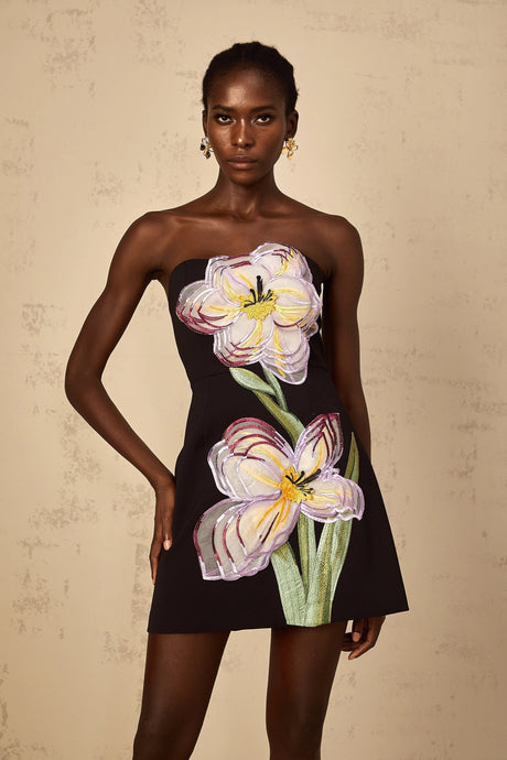 Simona Mini Dress Black Off-Shoulder Sequin Floral Embroidered