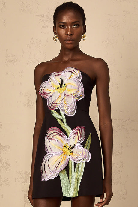 Irène Black OffShoulder Sequin Floral Embroidered Mini Dress