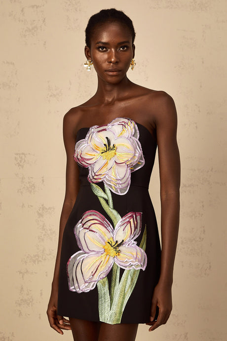 Simona Mini Dress Black Off-Shoulder Sequin Floral Embroidered