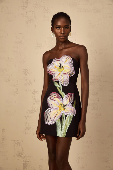 Simona Mini Dress Black Off-Shoulder Sequin Floral Embroidered