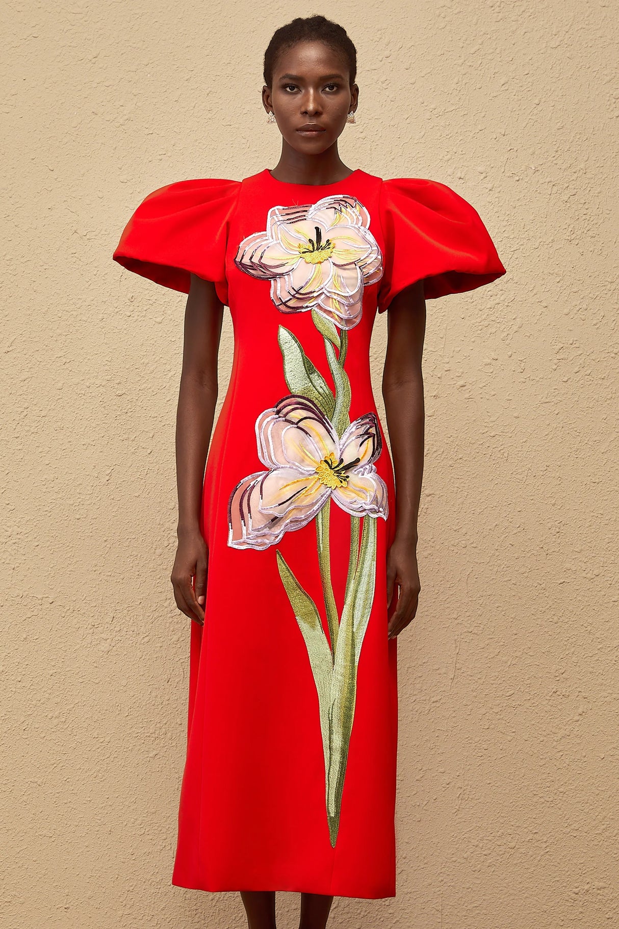 Irène Red Sequined Floral Embroidered Midi Dress