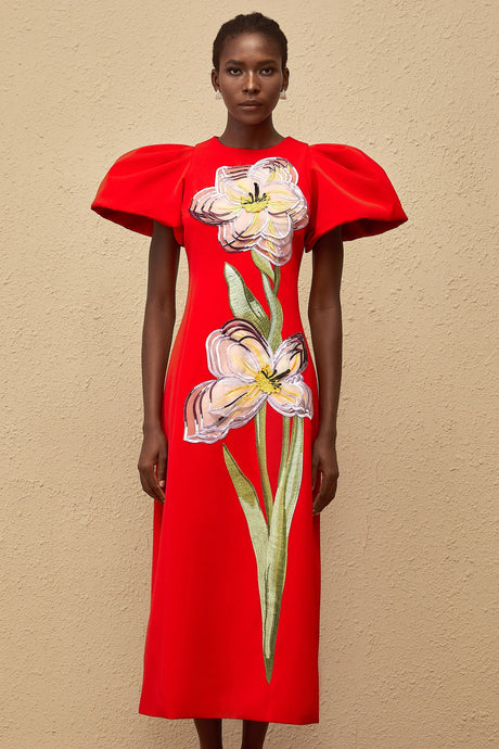 Allegra Midi Dress Red Sequined Floral Embroidered