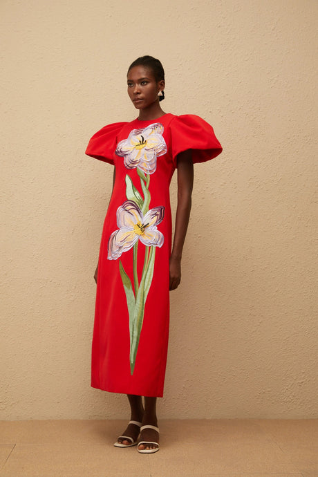 Allegra Midi Dress Red Sequined Floral Embroidered