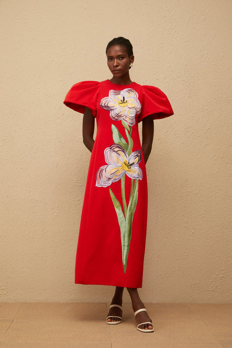 Allegra Midi Dress Red Sequined Floral Embroidered