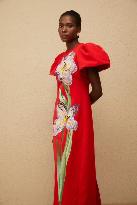 Allegra Midi Dress Red Sequined Floral Embroidered