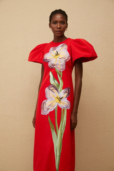 Allegra Midi Dress Red Sequined Floral Embroidered