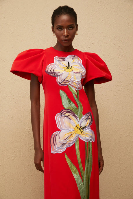 Allegra Midi Dress Red Sequined Floral Embroidered