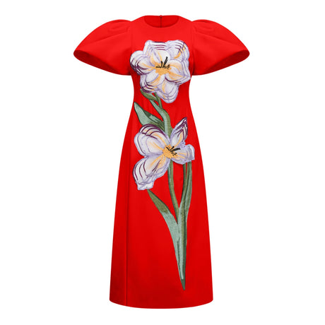Allegra Midi Dress Red Sequined Floral Embroidered