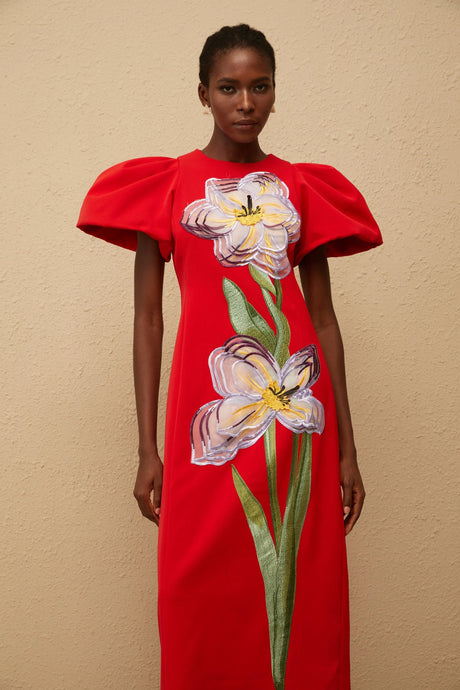 Allegra Midi Dress Red Sequined Floral Embroidered