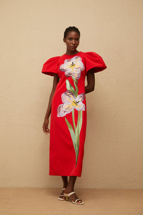 Allegra Midi Dress Red Sequined Floral Embroidered