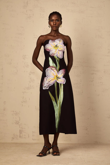 Makayla Midi Dress Sequin Embroidered Off-Shoulder in Black