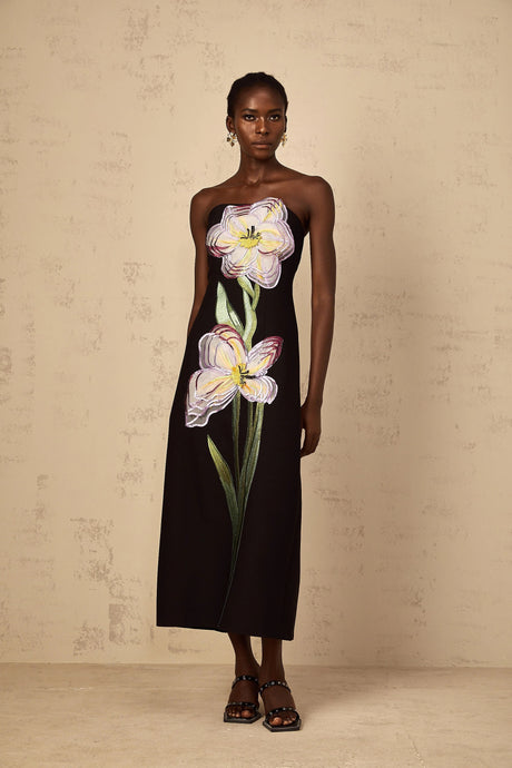 Makayla Midi Dress Sequin Embroidered Off-Shoulder in Black