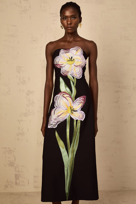 Makayla Midi Dress Sequin Embroidered Off-Shoulder in Black