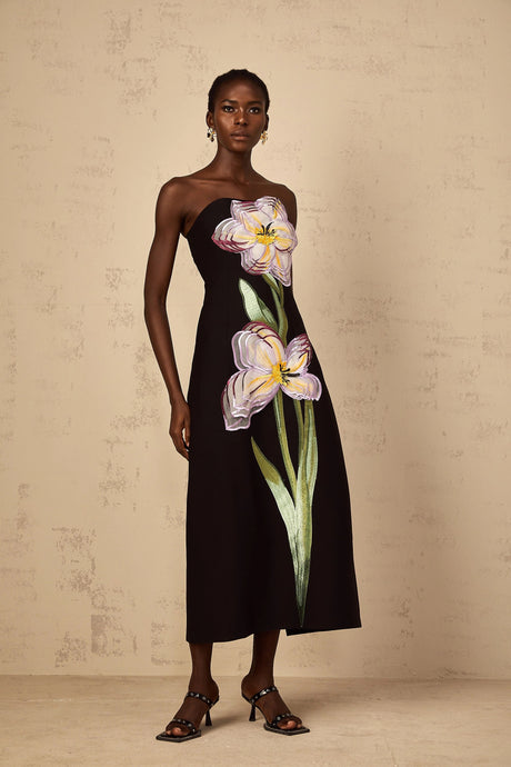 Makayla Midi Dress Sequin Embroidered Off-Shoulder in Black