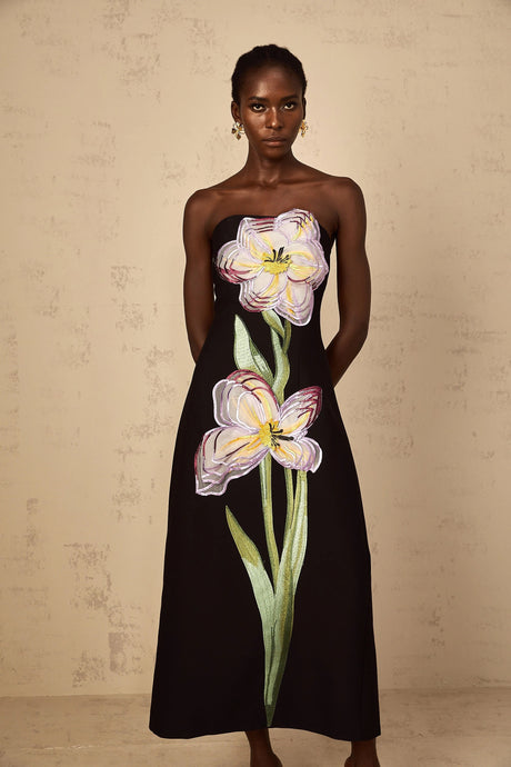 Makayla Midi Dress Sequin Embroidered Off-Shoulder in Black