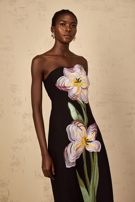 Makayla Midi Dress Sequin Embroidered Off-Shoulder in Black