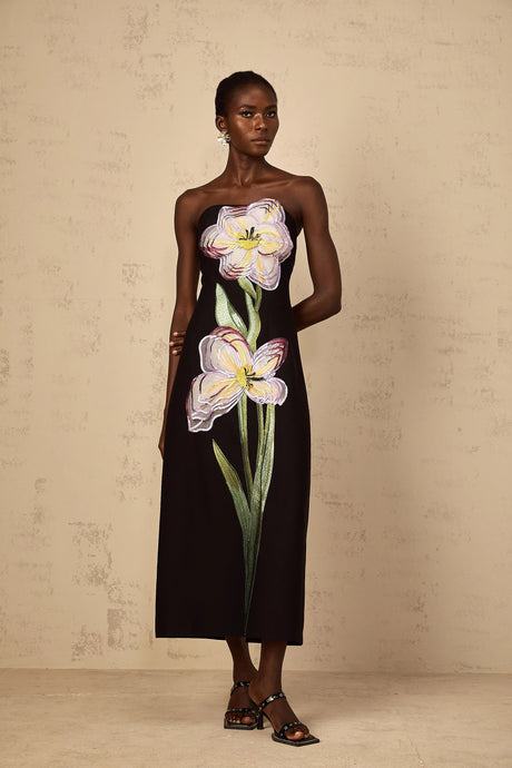 Makayla Midi Dress Sequin Embroidered Off-Shoulder in Black