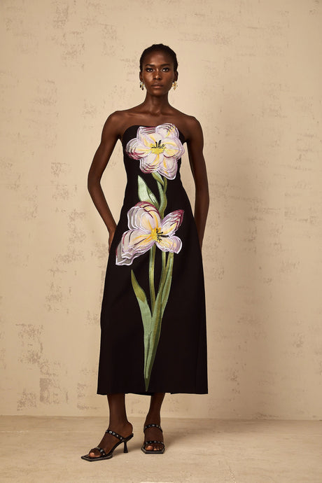 Makayla Midi Dress Sequin Embroidered Off-Shoulder in Black