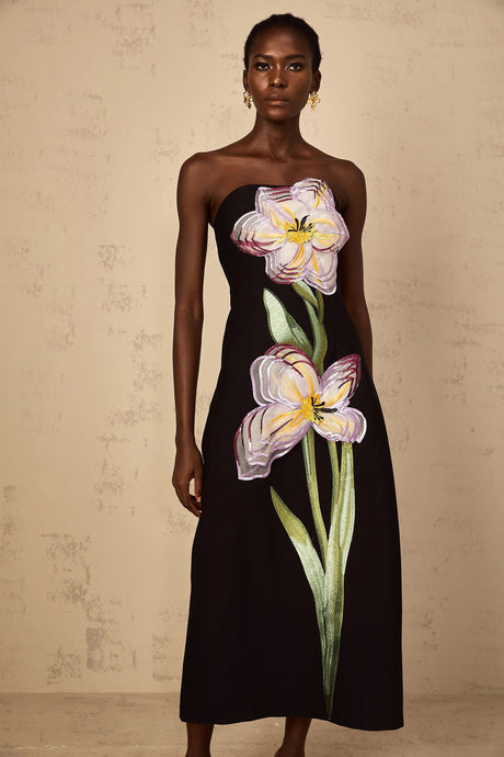 Makayla Midi Dress Sequin Embroidered Off-Shoulder in Black