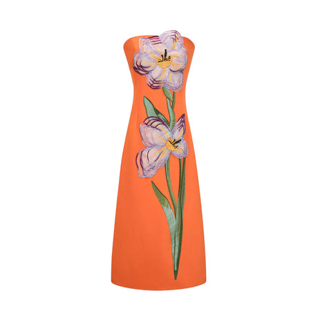 Naomi Midi Dress Sequin Embroidered Off-Shoulder in Orange