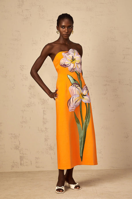 Naomi Midi Dress Sequin Embroidered Off-Shoulder in Orange