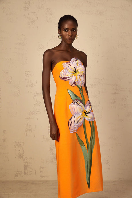 Naomi Midi Dress Sequin Embroidered Off-Shoulder in Orange