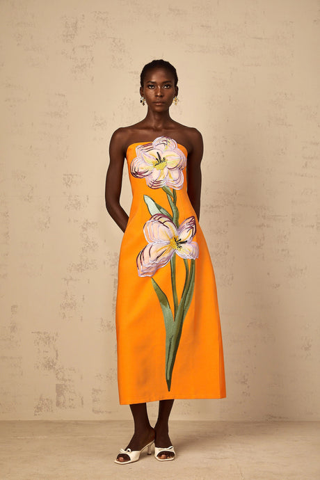 Naomi Midi Dress Sequin Embroidered Off-Shoulder in Orange