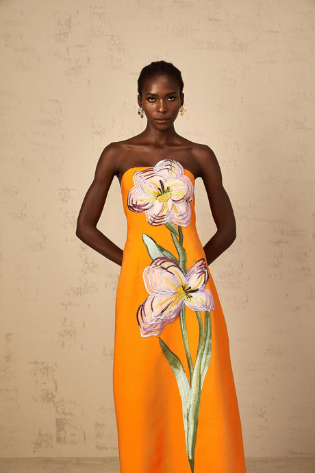 Naomi Midi Dress Sequin Embroidered Off-Shoulder in Orange