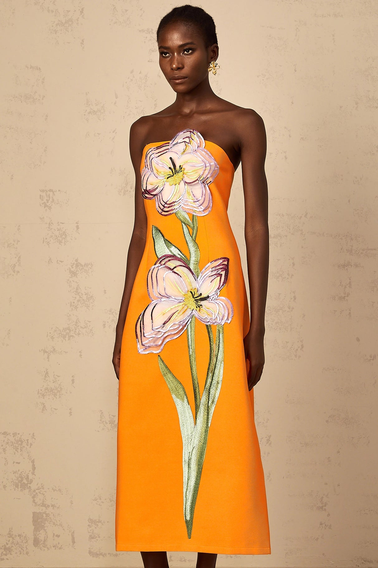Irène Sequin Embroidered OffShoulder Midi Dress in Orange