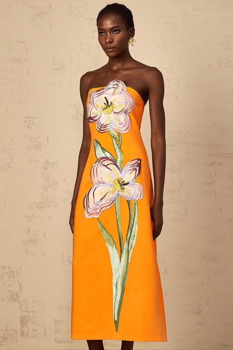 Naomi Midi Dress Sequin Embroidered Off-Shoulder in Orange