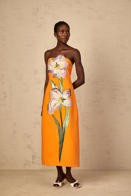 Naomi Midi Dress Sequin Embroidered Off-Shoulder in Orange