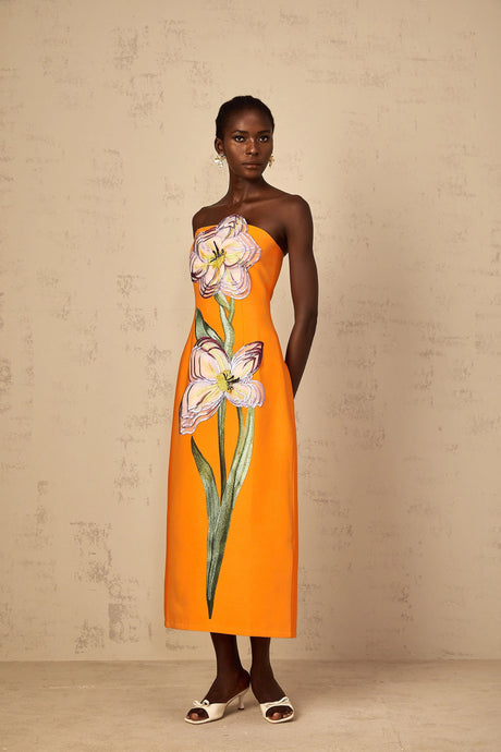 Naomi Midi Dress Sequin Embroidered Off-Shoulder in Orange