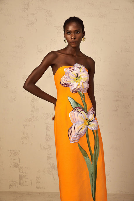 Naomi Midi Dress Sequin Embroidered Off-Shoulder in Orange