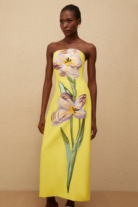 Adrianna Midi Dress Sequin Embroidered Off-Shoulder in Yellow